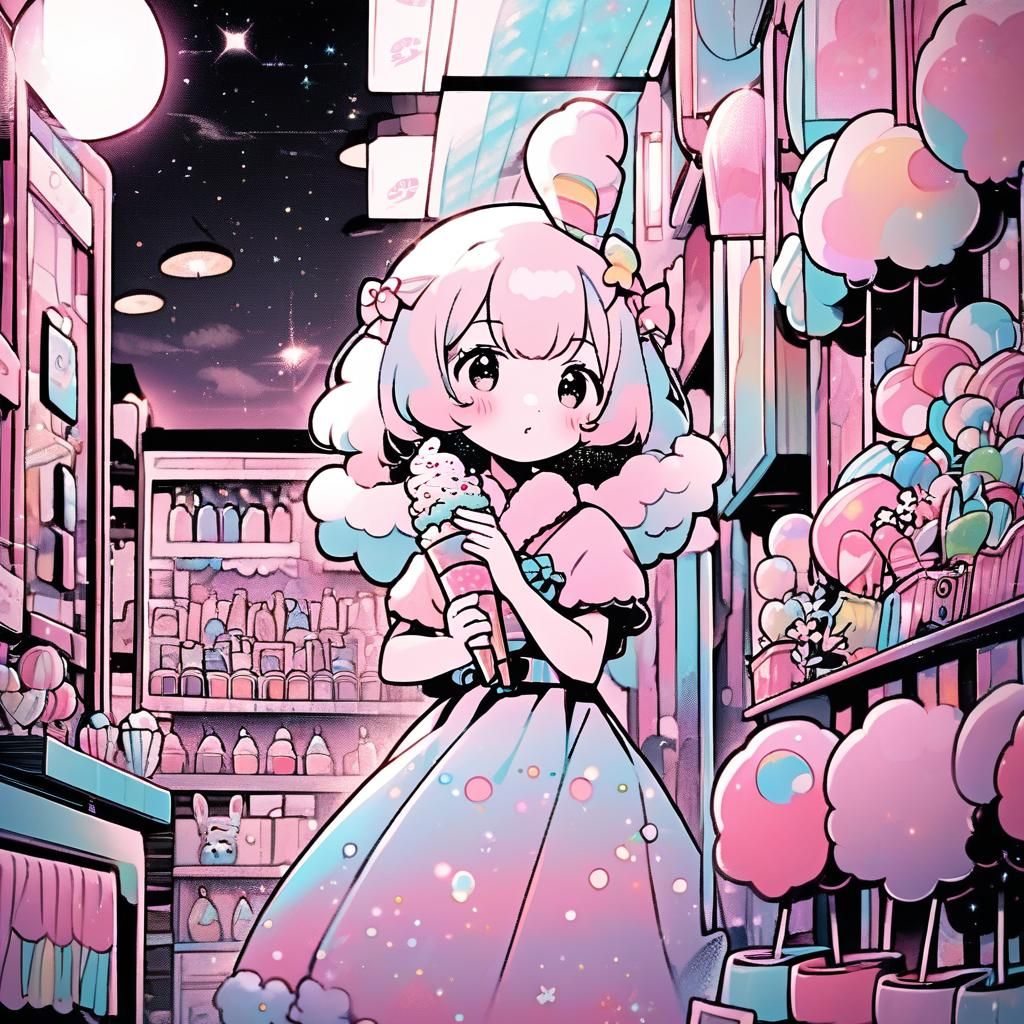 Pastel Kawaii Illustration of Mochi Chan in Candy Store
