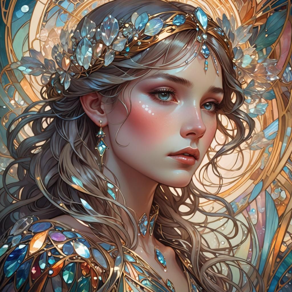 Ethereal Crystal Woman Portrait in Art Nouveau Style