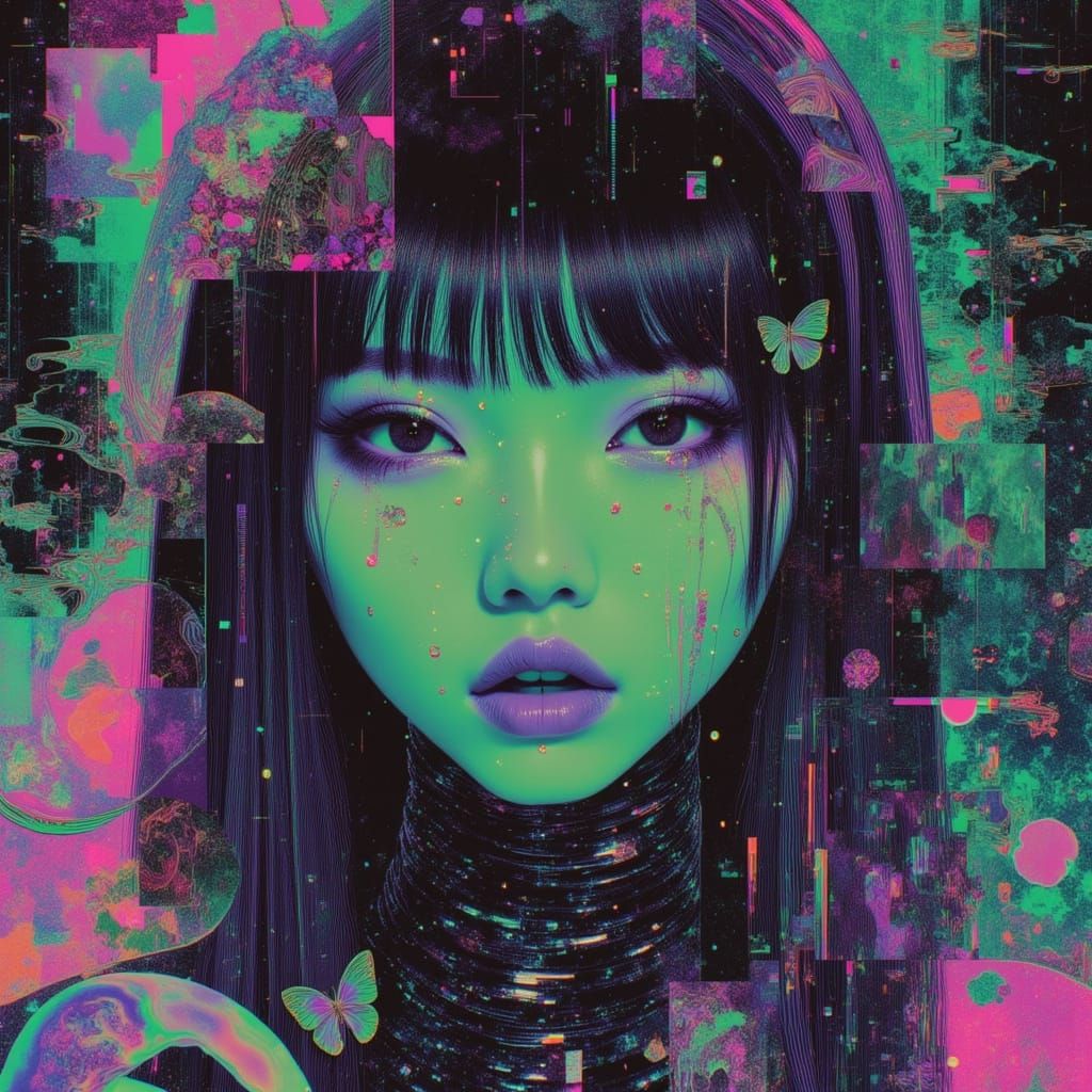 Cyberpunk Woman with Mauve Hair, Glitched Portrait