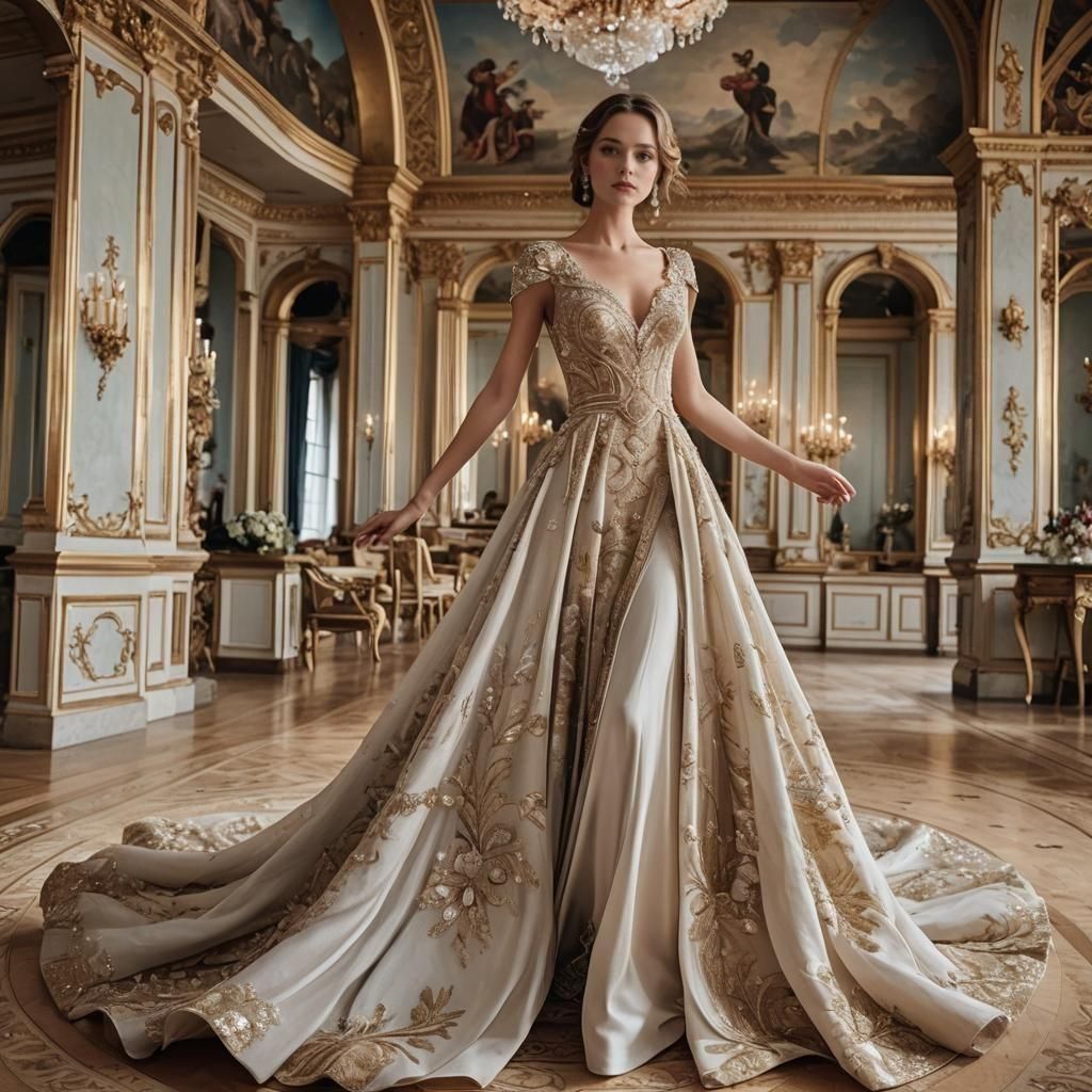 Woman in Empire Dress in Ballroom