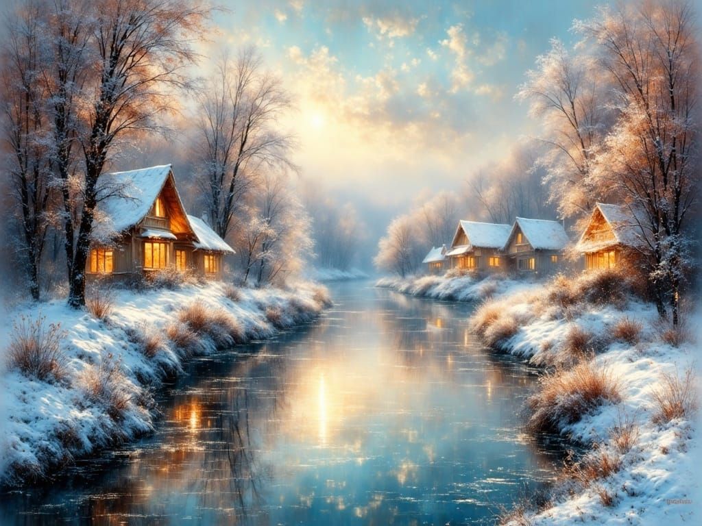 Miniature Winter Village Emerging from Camera Lens