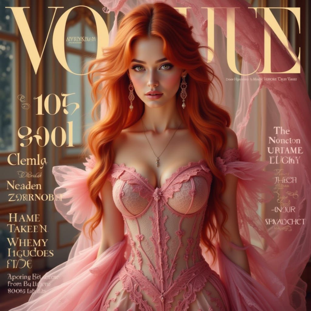 Vogue Cover: Redhead in Fuchsia & Gold Lace Gown