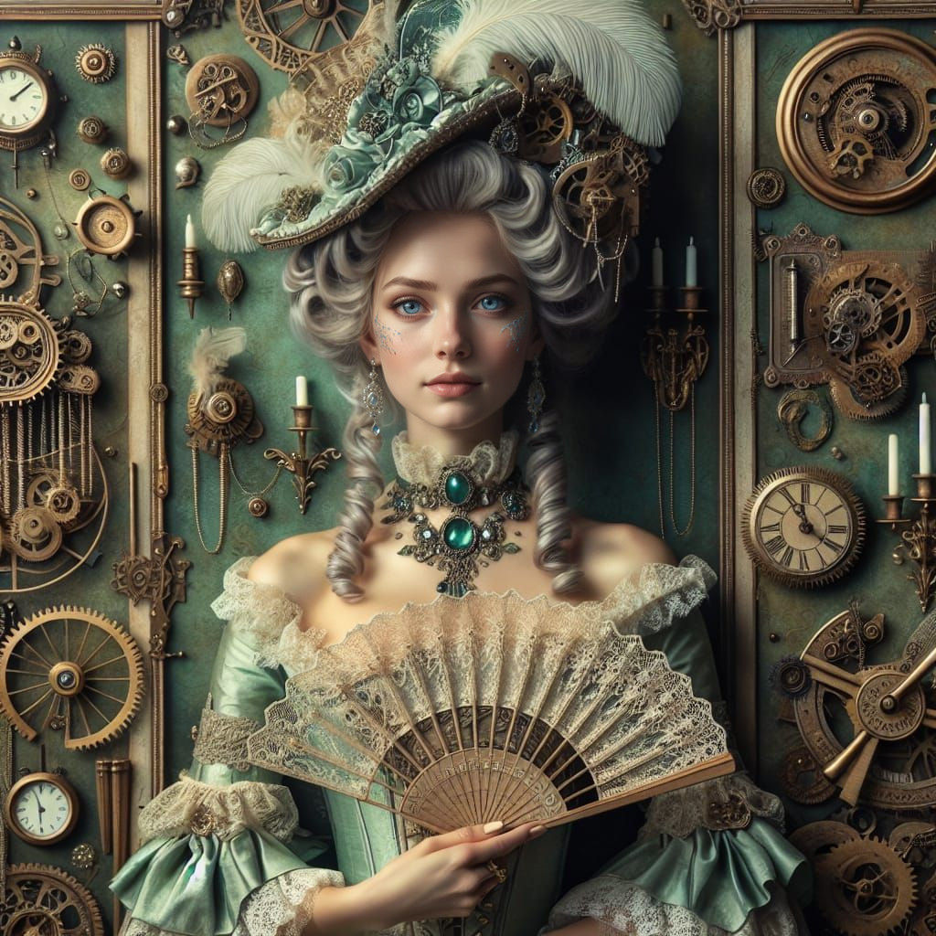 Steampunk Madame de Pompadour in Mint-Green Gown with Intric...