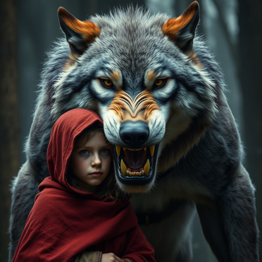 Protective Wolf and Red Riding Hood in Realistic Style