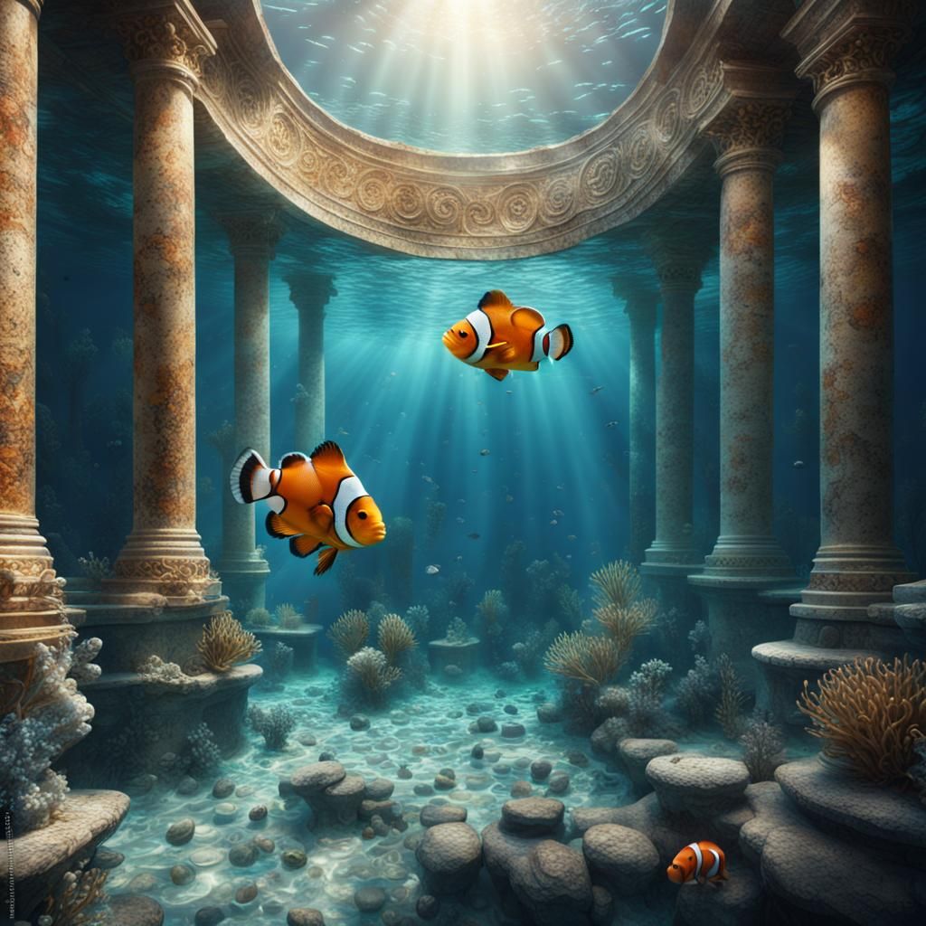 Underwater Roman Mosaic Gladiator with Clownfish