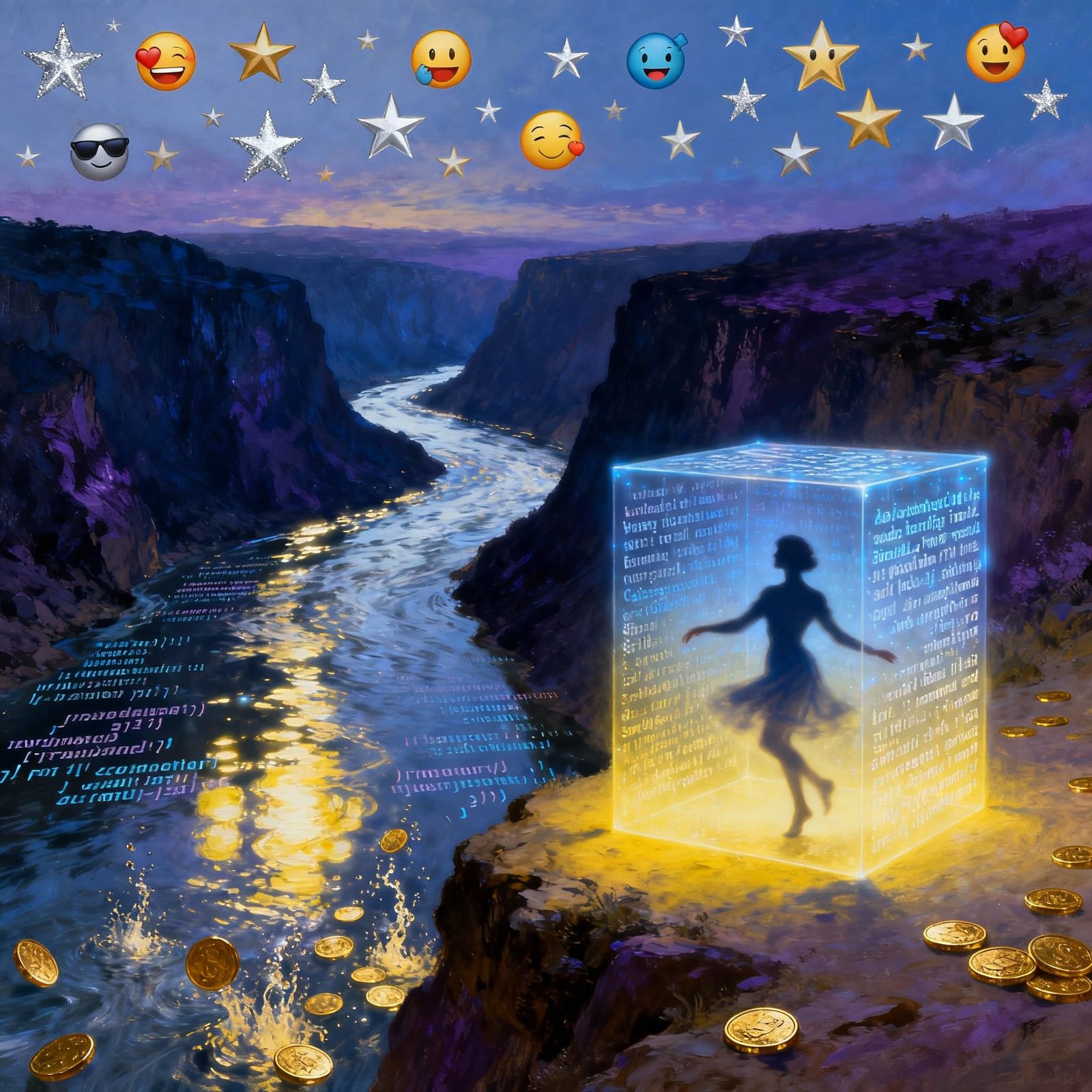 River of Light and Code in Dark Canyon with Dancing Figure