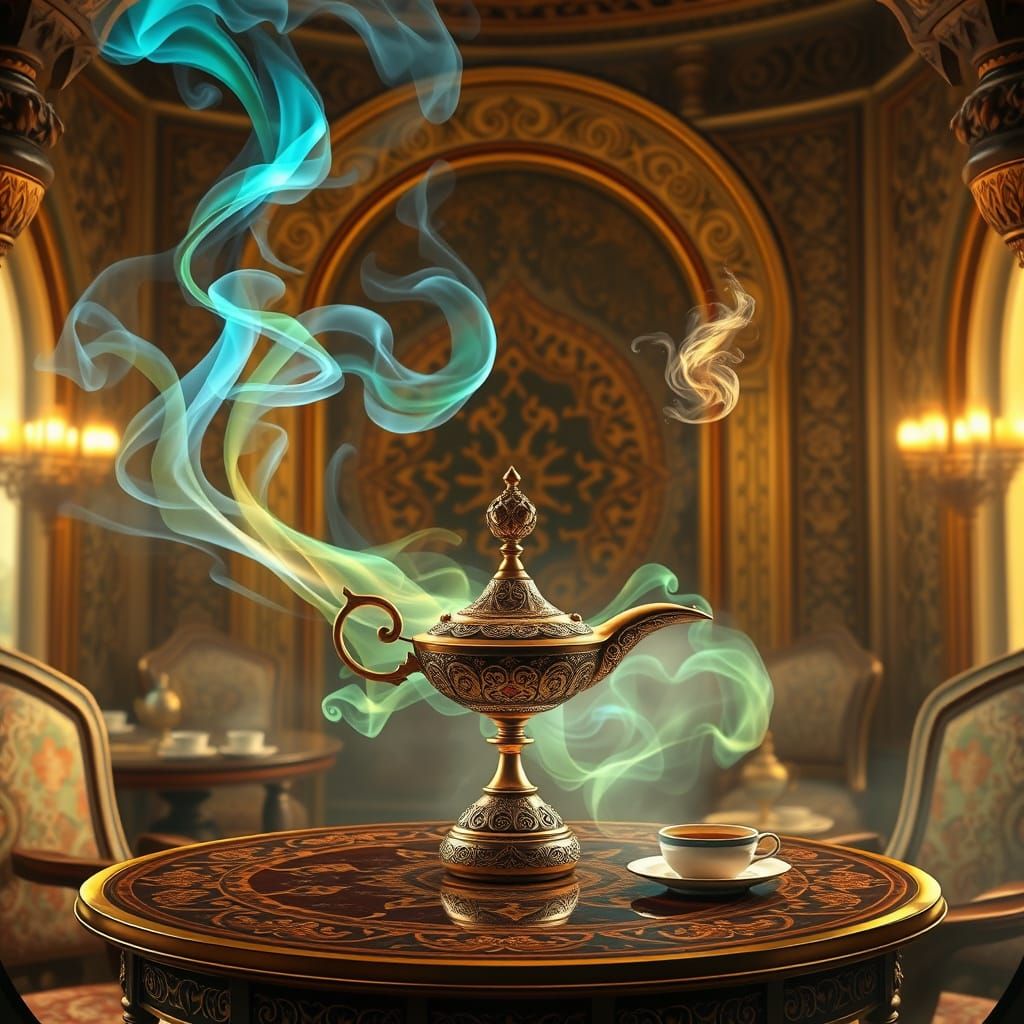 Enchanted Tea Service in a Mystical Middle Eastern Café