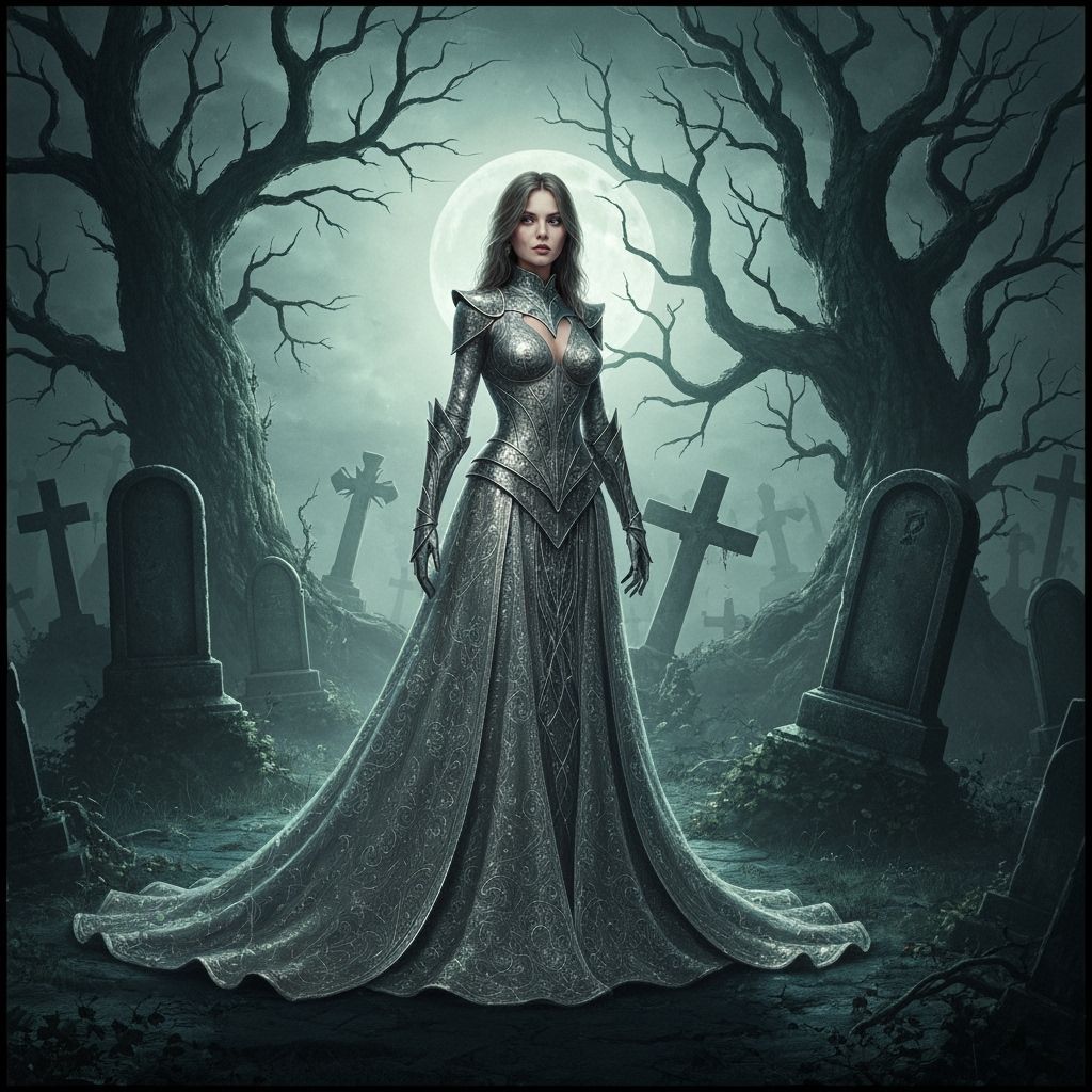 Elegant Knight Guards Moonlit Graveyard in Cinematic Style