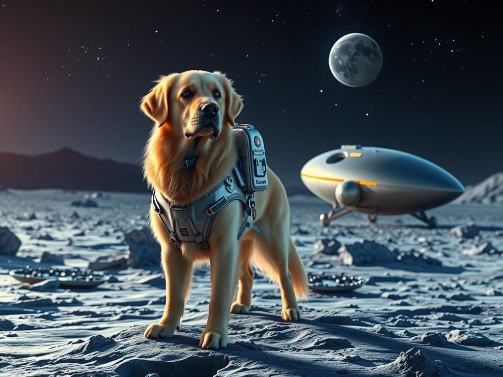 Lunar Explorer: Golden Retriever in Futuristic Space Suit