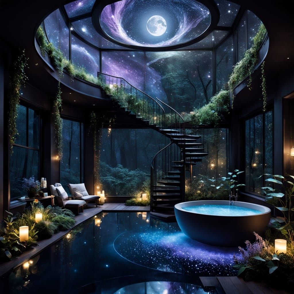 Attached to the loft by a spiral staircase of soft crystal steps, the bathroom opens into a secluded star gaze area.