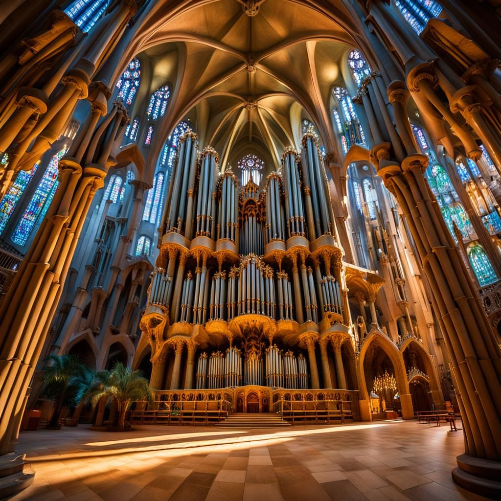 Neo-Gothic Cathedral Interior with Organ, Ultra Wide Angle