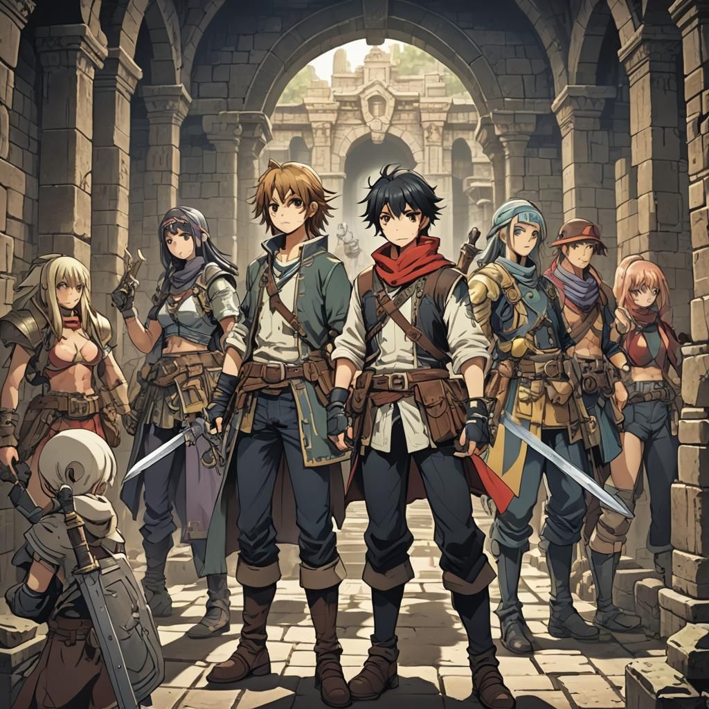 Anime Adventuring Party in Cel-Shaded Style