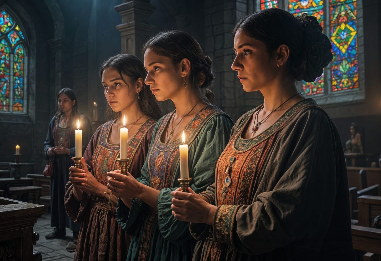 Three Women in Traditional Costumes Illuminate Spiritual Sce...