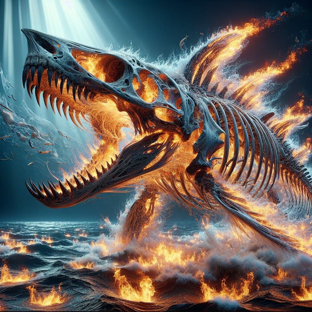 Carcharodon Skeleton Rises From Blazing Fire in 8K
