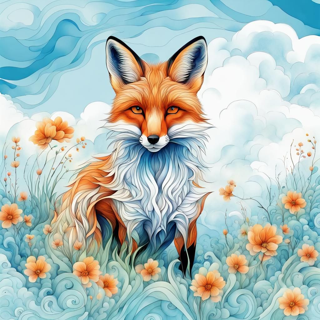 Fox in Flowered Grass with Watercolor Sky