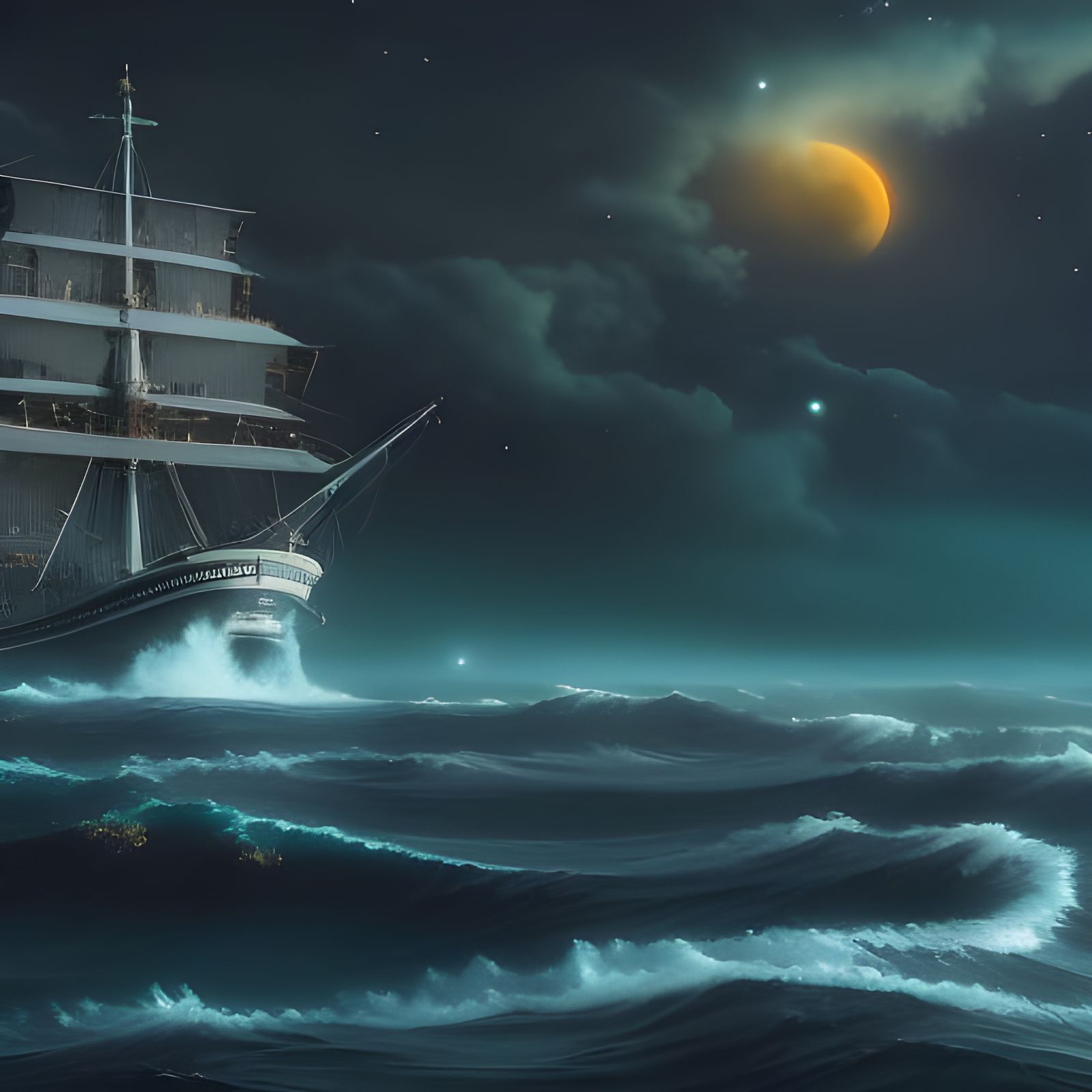 Mythical Ship Sails a Glowing Ocean