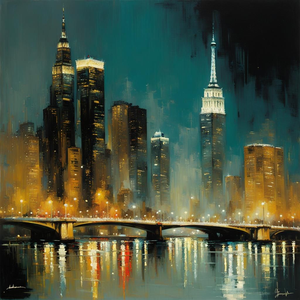 Night Cityscape Painting in Impasto Style