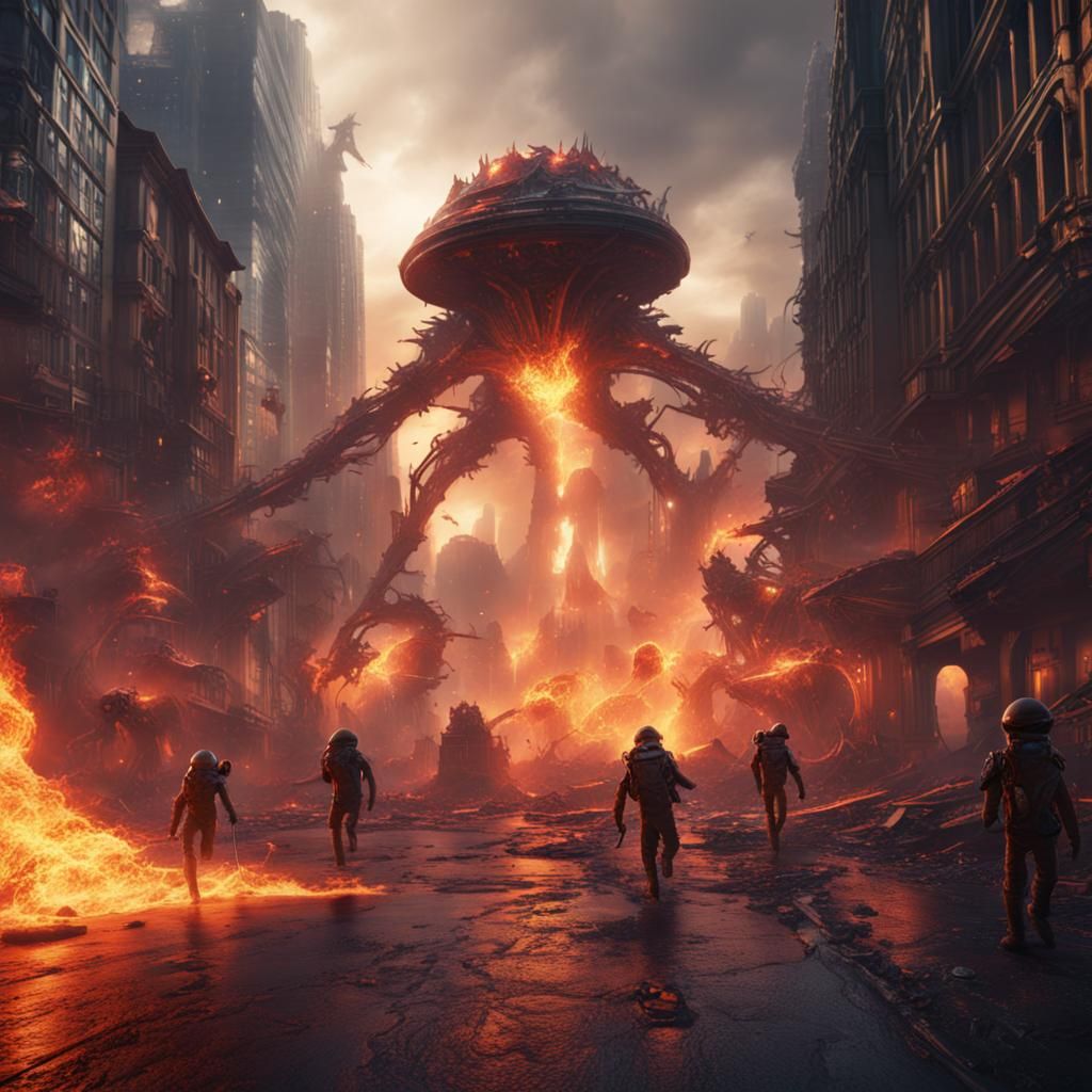 Fiery Alien Invasion in the City: Fantasy Concept Art