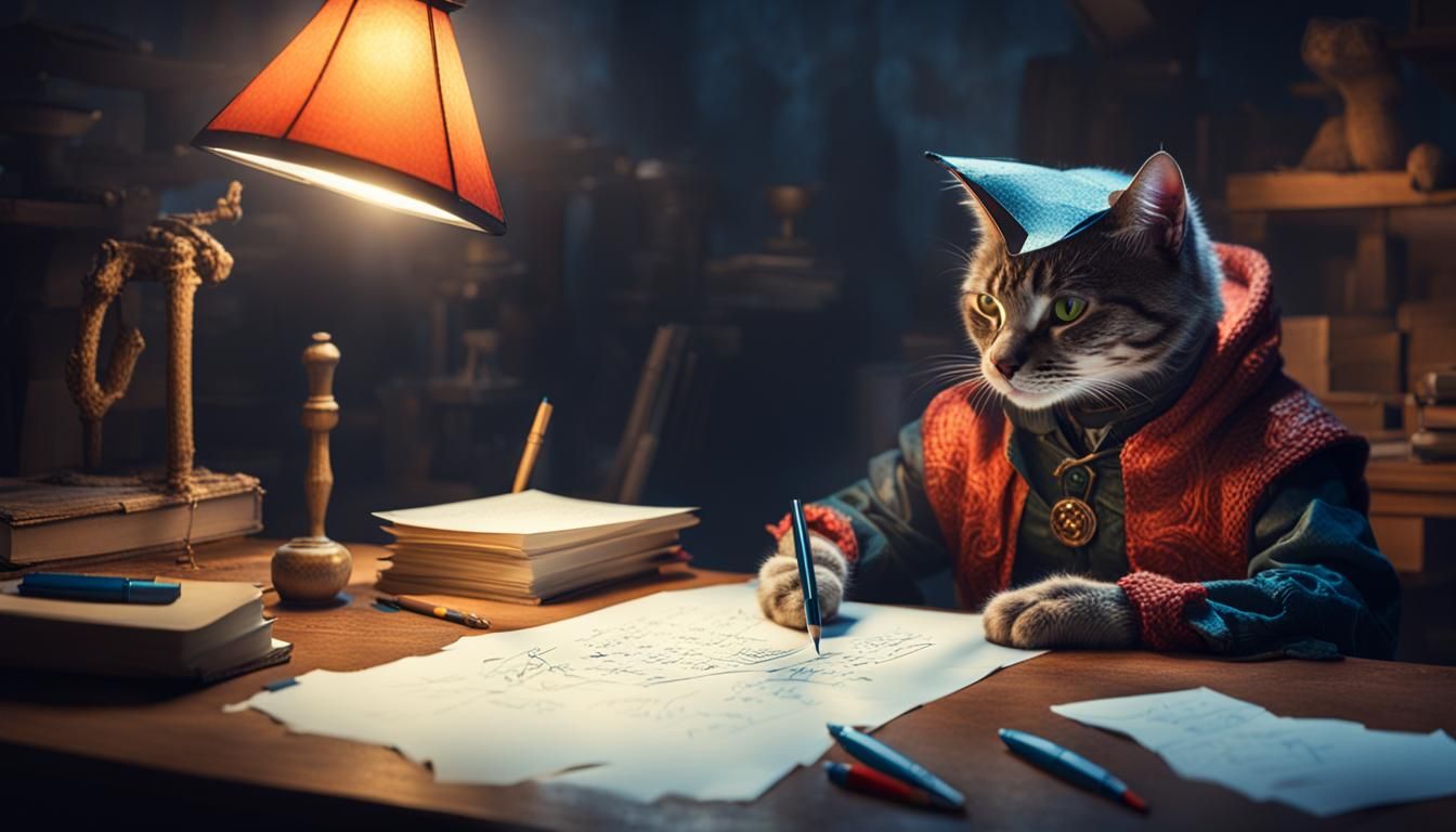 Cat in Strange Clothing Writes on Paper