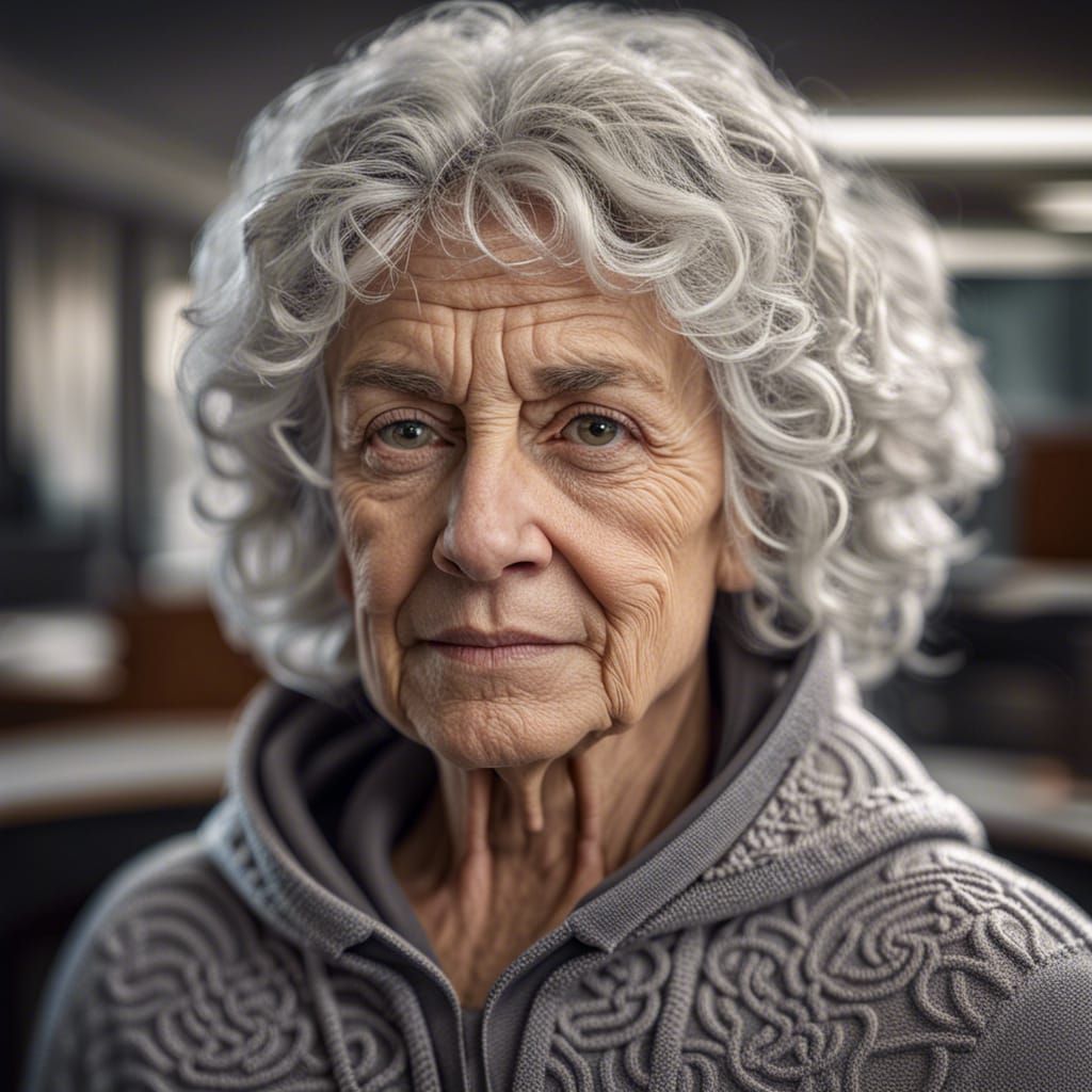 Hyperrealistic Portrait of an Elderly Woman in Office