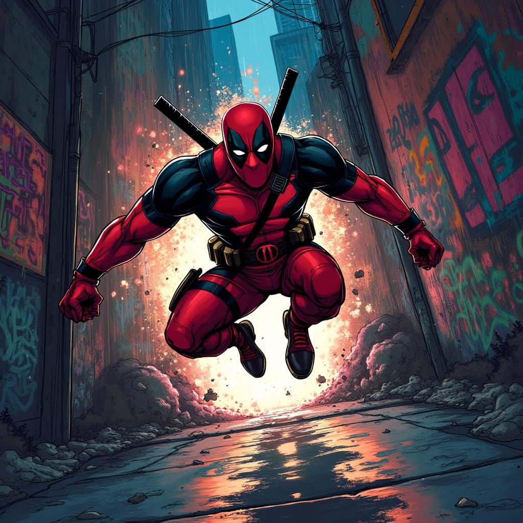Deadpool Bursts Through Urban Portal in Glitch Art Style