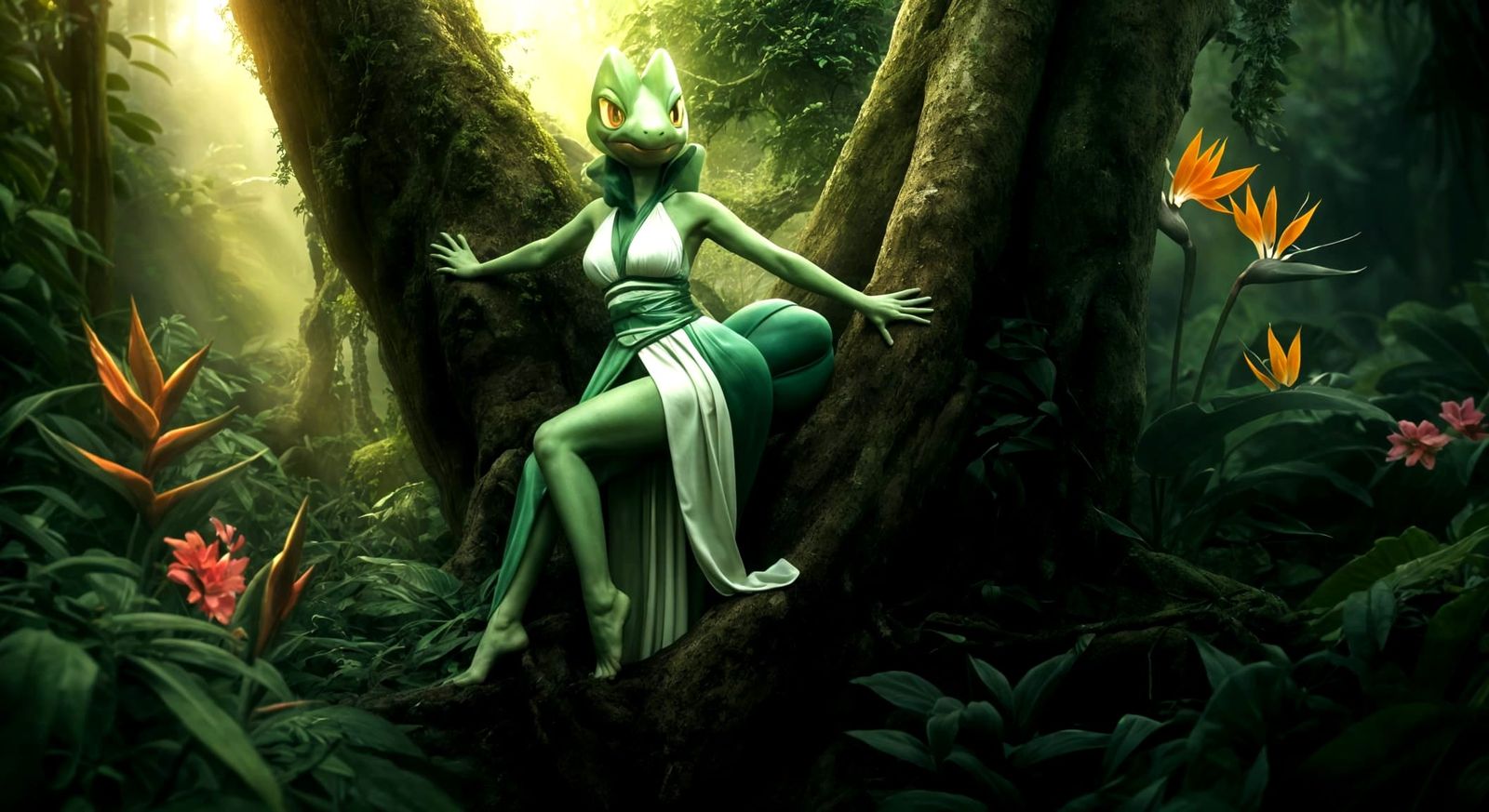 Treecko Woman Hybrid in Lush Jungle Scene