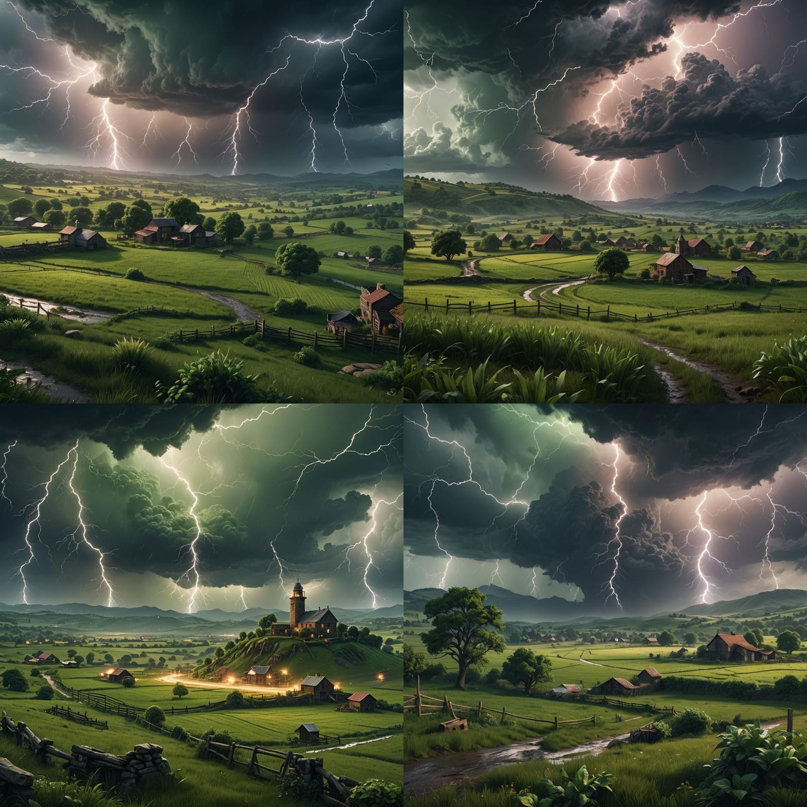 Dramatic Lightning Storm Over Green Farmland