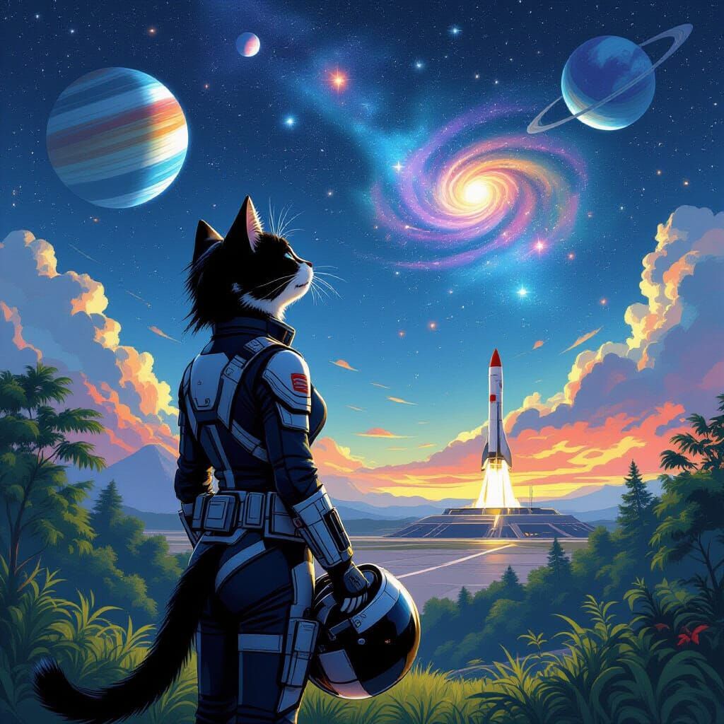 Space Cat Gazes at Starry Sky in Digital Painting