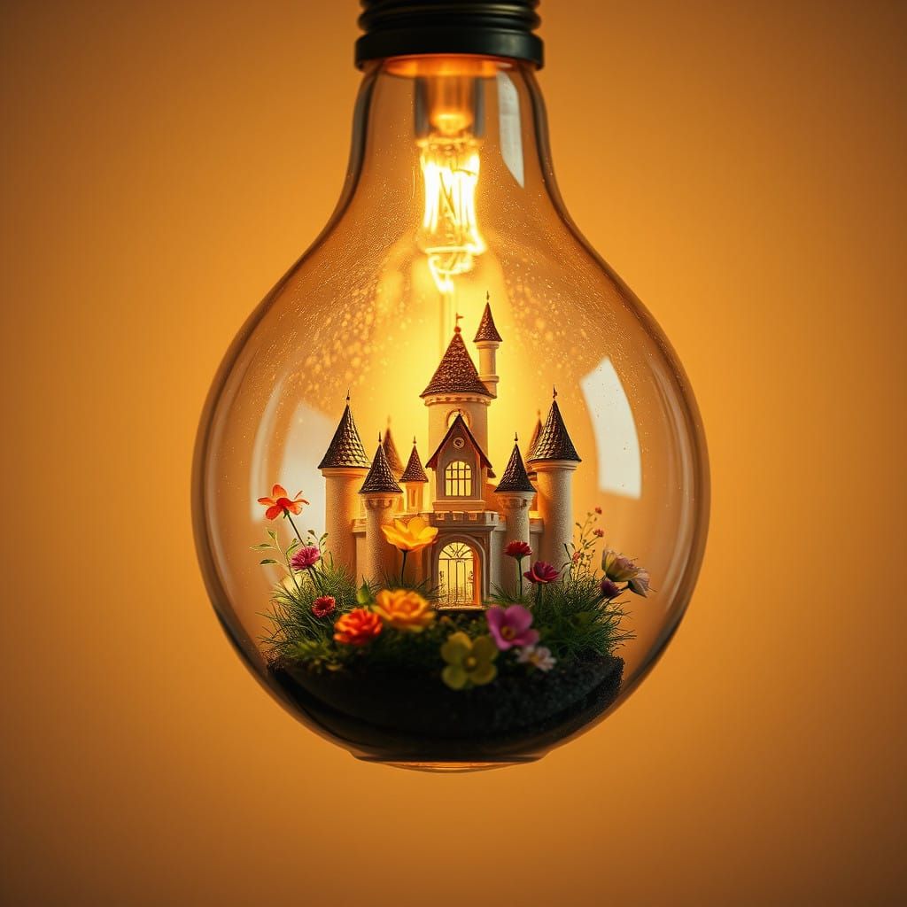 Golden Light Fills Enchanted Castle Inside Glass Bulb