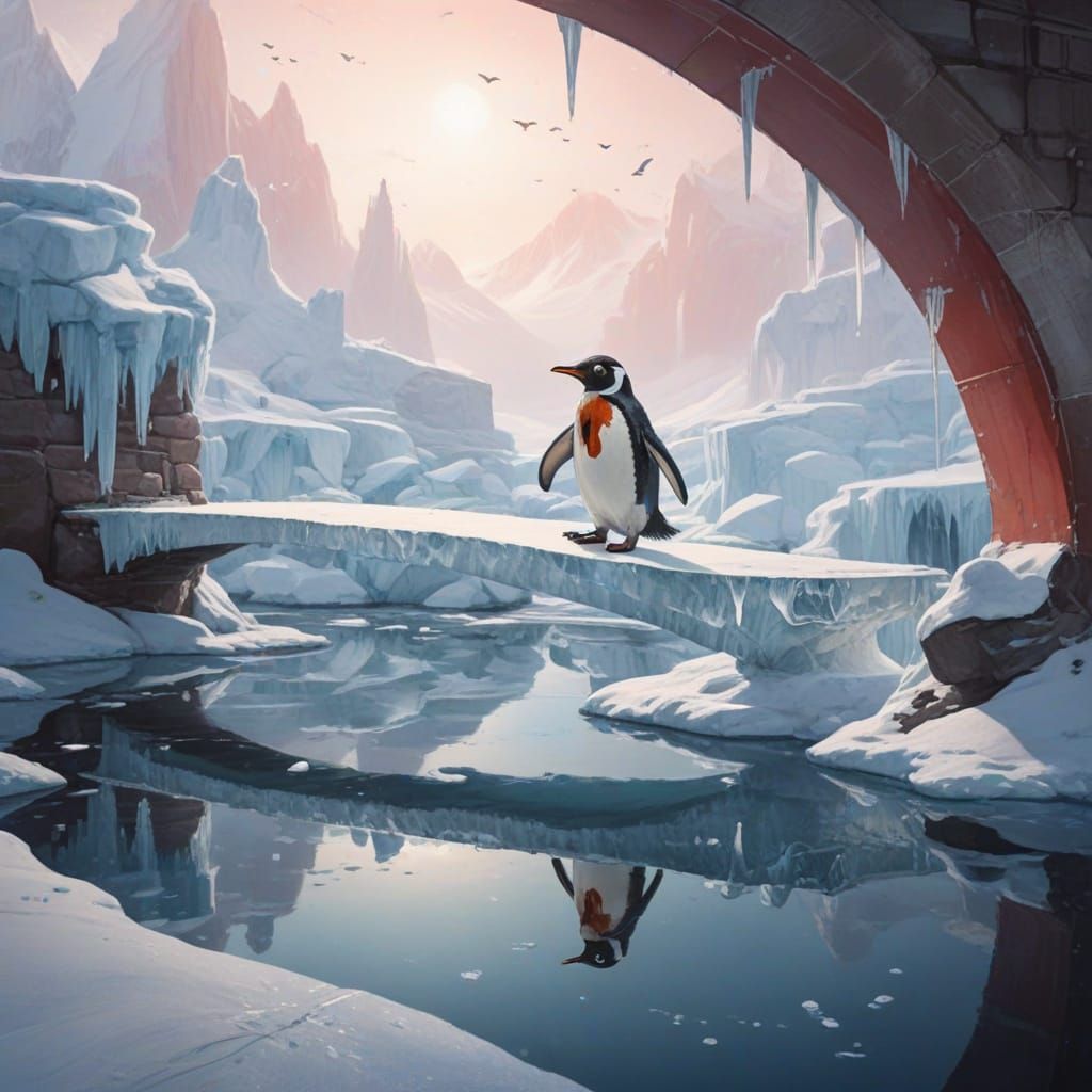 Penguin Postman on Shimmering Ice Bridge