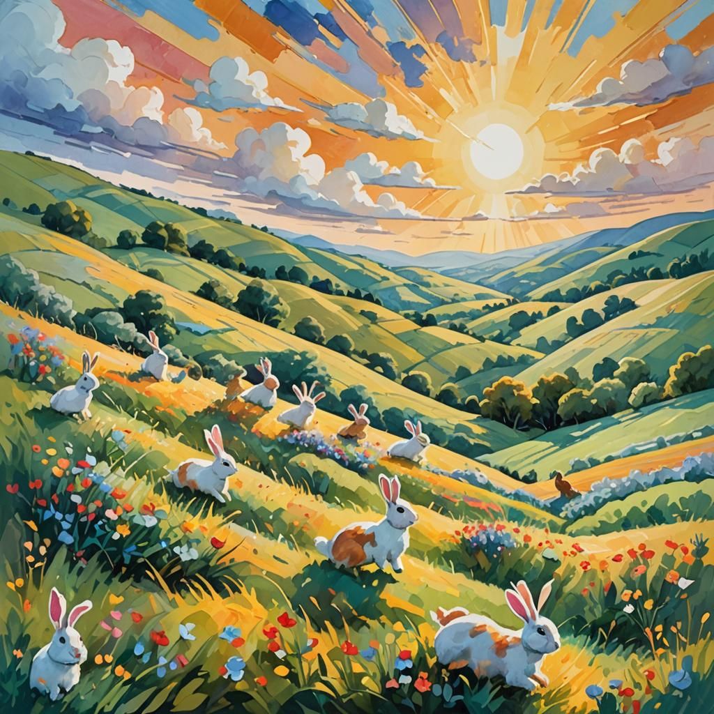 Rabbits Bouncing on Hills in Gouache Painting