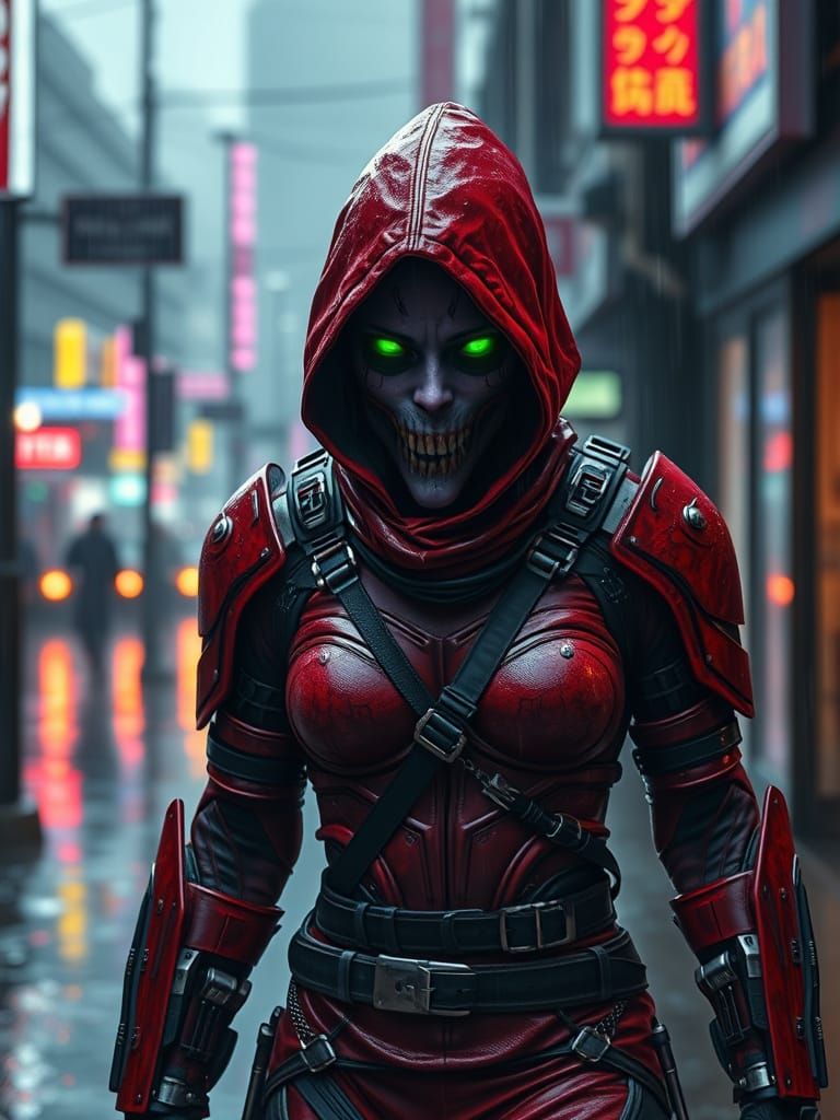 Cyberpunk Ninja Warrior in Rain-Soaked Cityscape