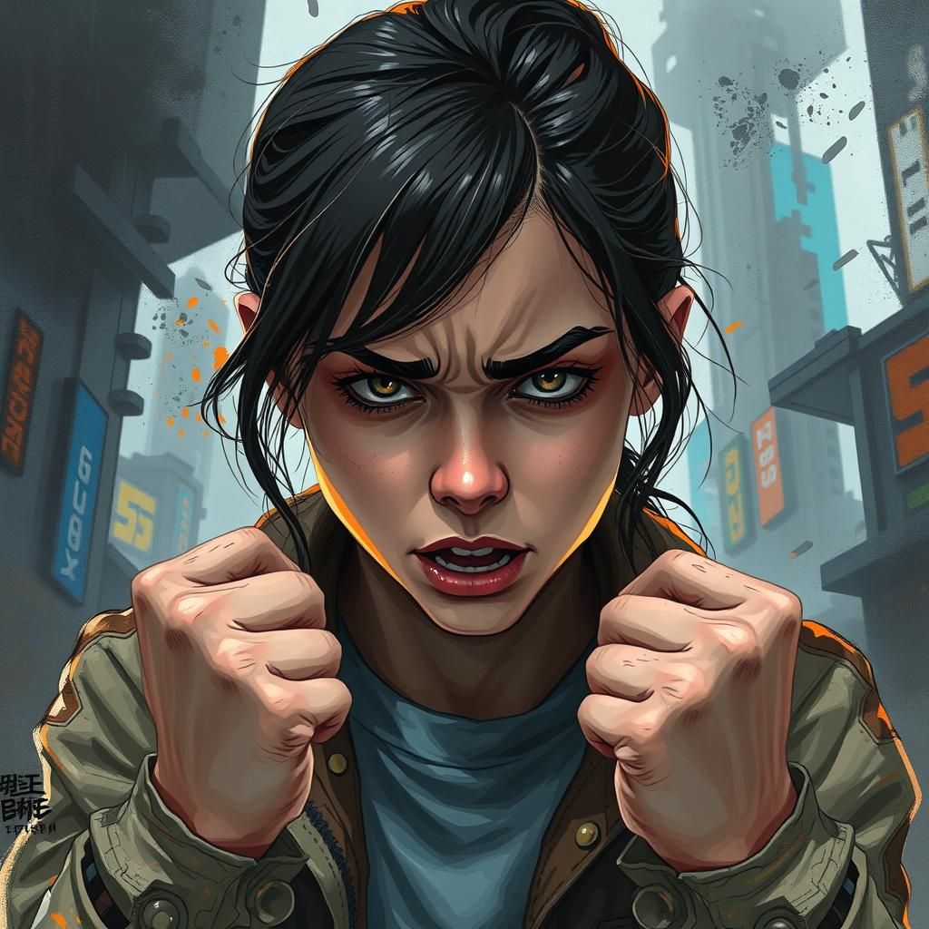 Woman's Fury in Chaotic Cityscape: Digital Art