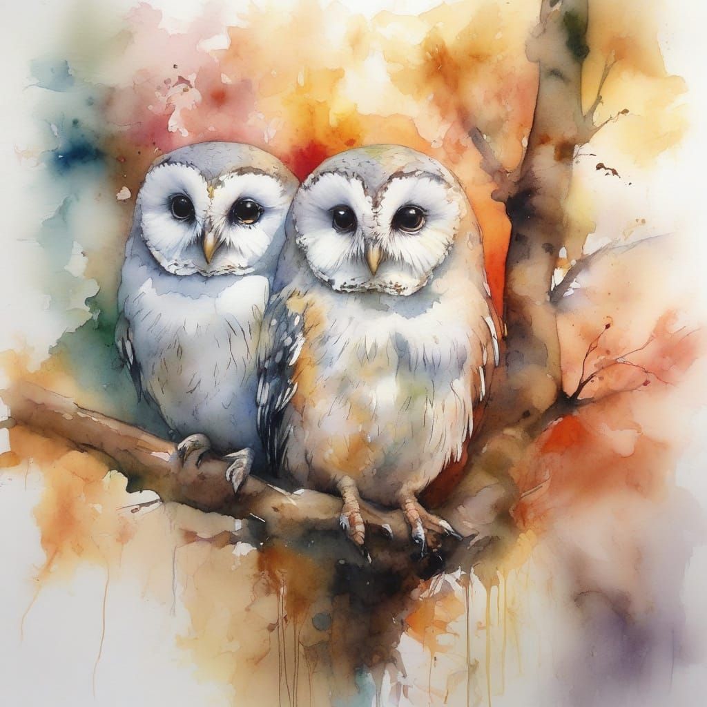 Tiny Owlets Nesting on Tree Bark in Watercolour Style