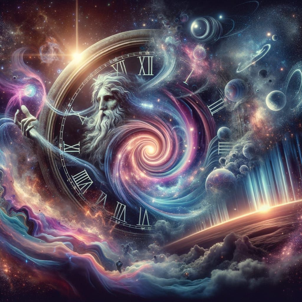 Chronos in Cosmic Swirl: A Double Exposure Artwork