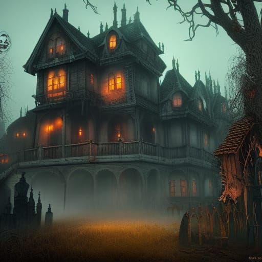 Haunted House with Skeletons in Foggy Yard