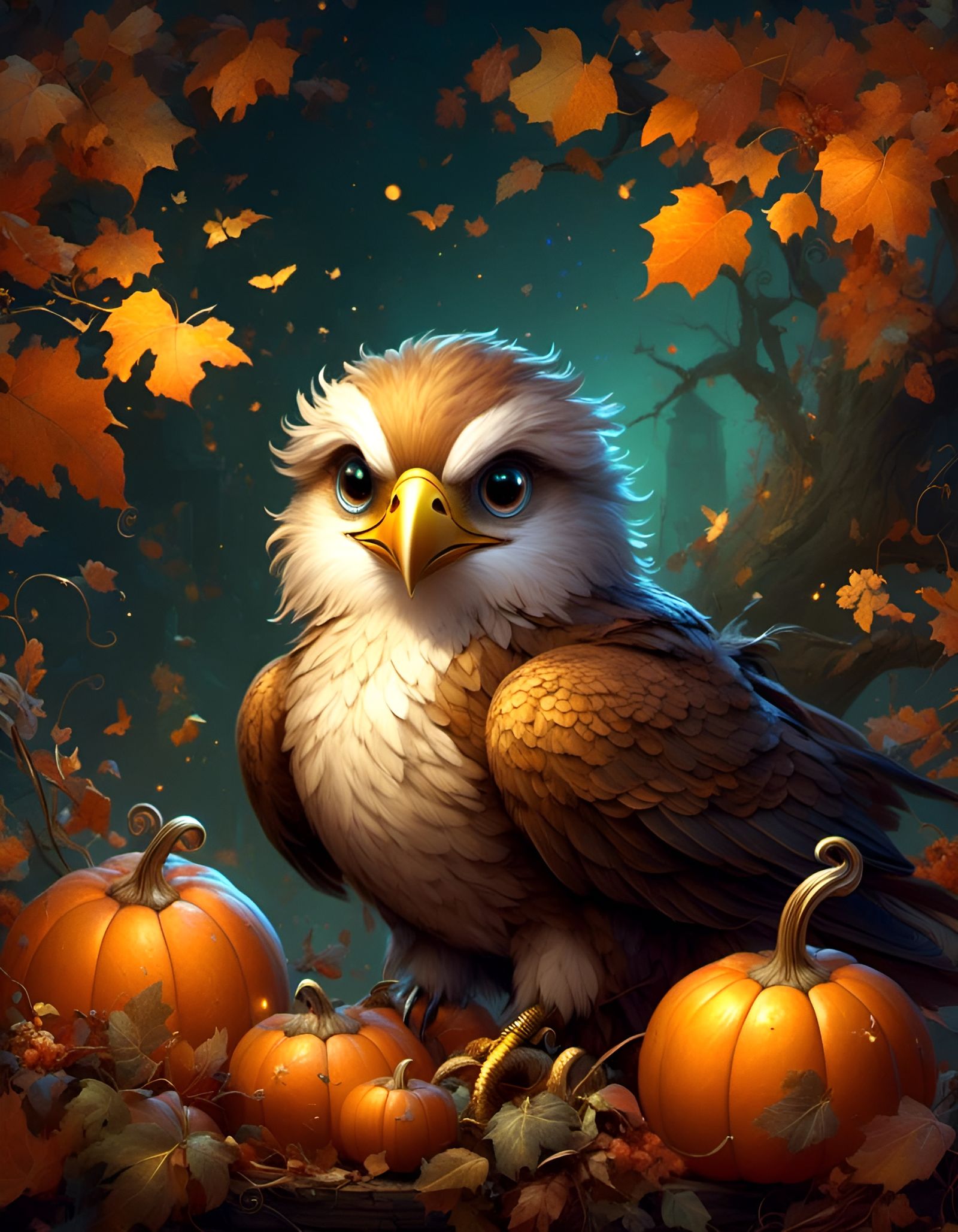 Cute Eagle on Pumpkin in Digital Art Style