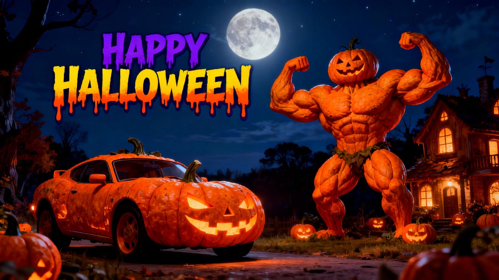 Muscular Pumpkin Village Halloween Art