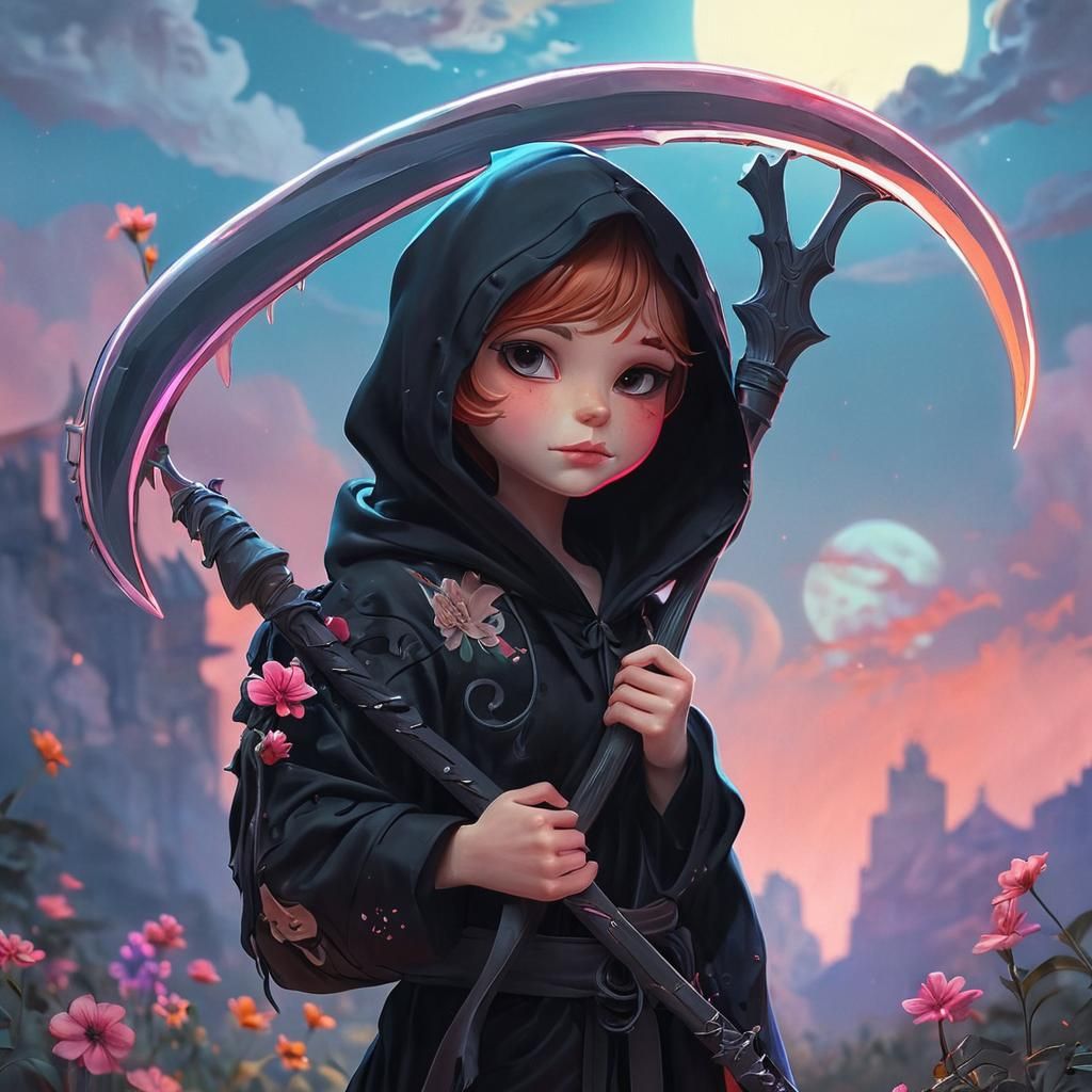 Tiny Grim Reaper Portrait in Surrealist Style