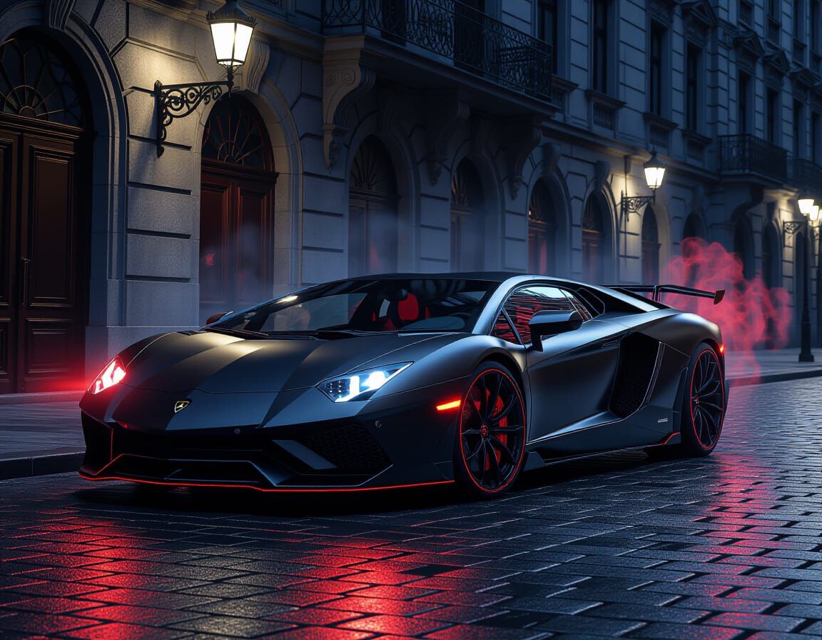 Vampiric Lamborghini Aventador on Moonlit Street