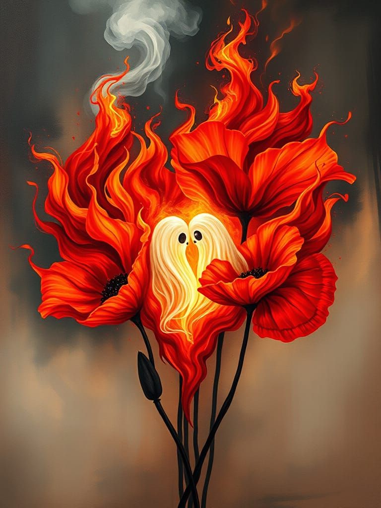 Fiery Heart Poppies in Abstract Palette Knife Style