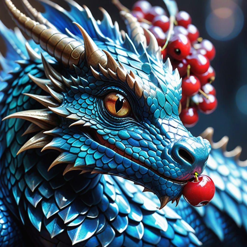 Vibrant Blue Dragon Headshot with Shiny Cherry in Iridescent...