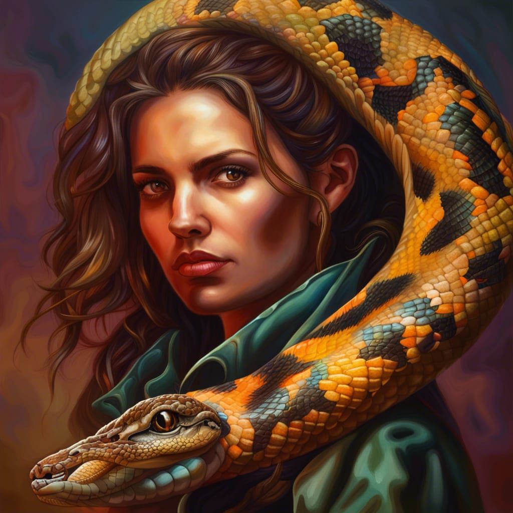 Woman and Snake Portrait in Hyperrealistic Style