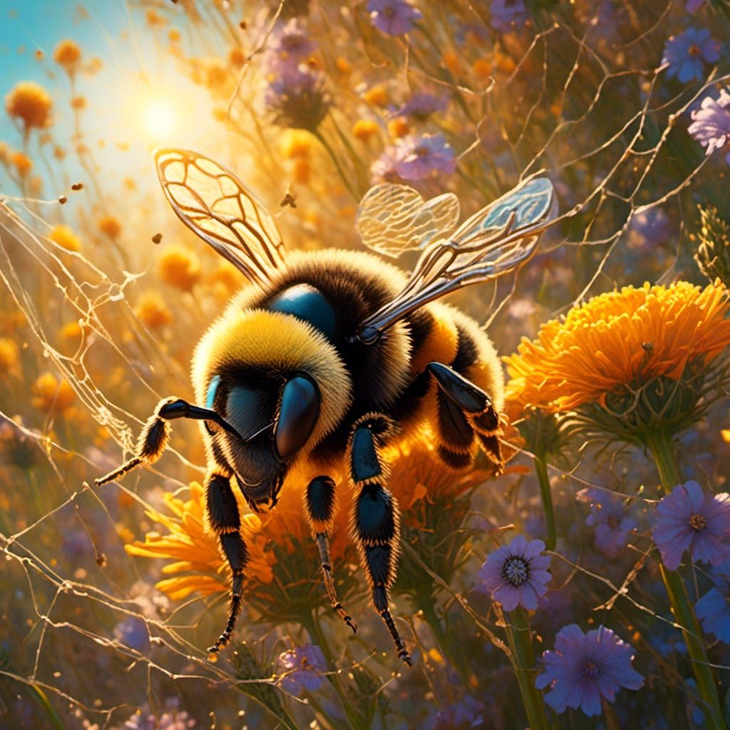 Bumblebee's Escape: Hyper-Realistic Oil Painting in Wildflow...