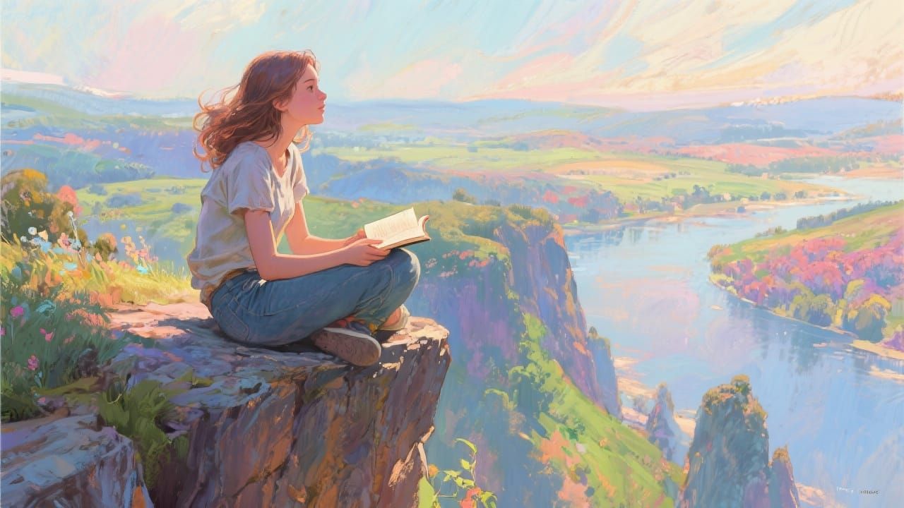Woman Overlooking Landscape in Realism Style