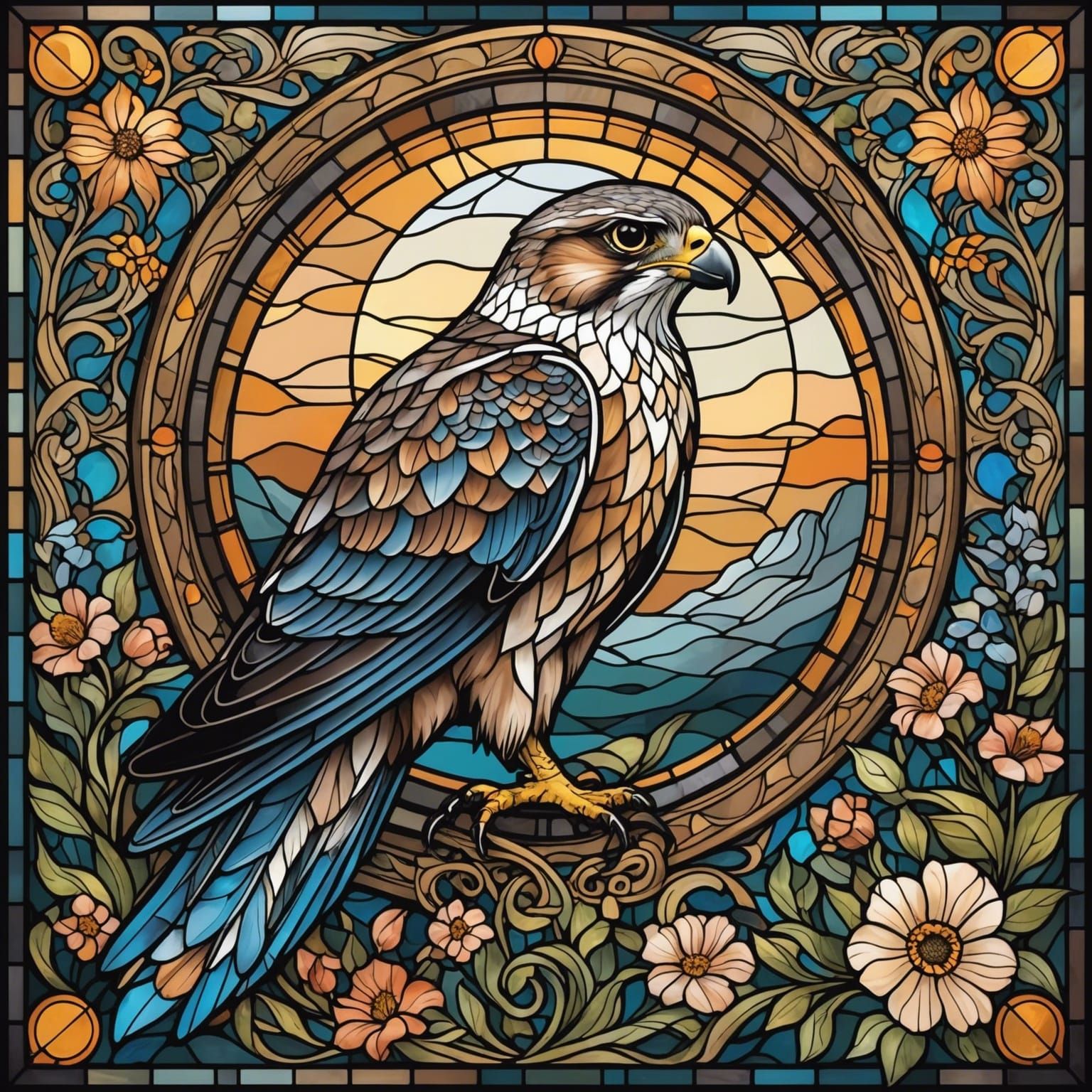 Stained Glass Falcon with Vector Floral Design