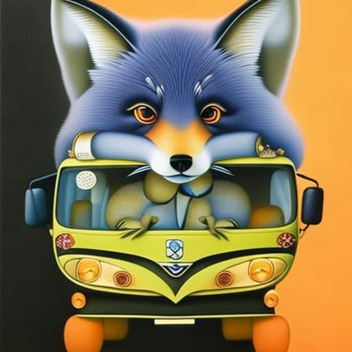 Chibi Fox on Bus in Surrealist Style