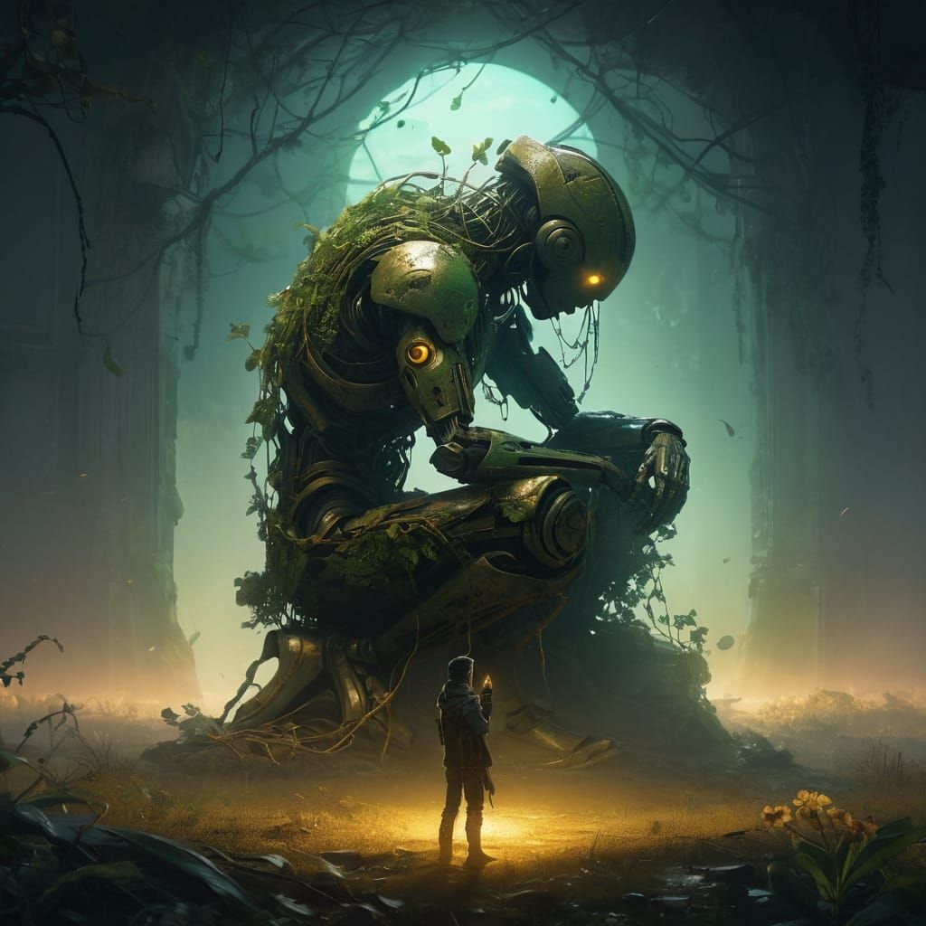 Humanoid AI Kneels in Solarpunk Ruins