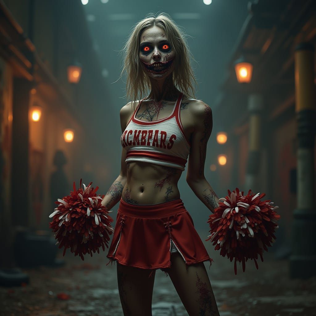 Zombie Cheerleader in Dark Halloween Setting