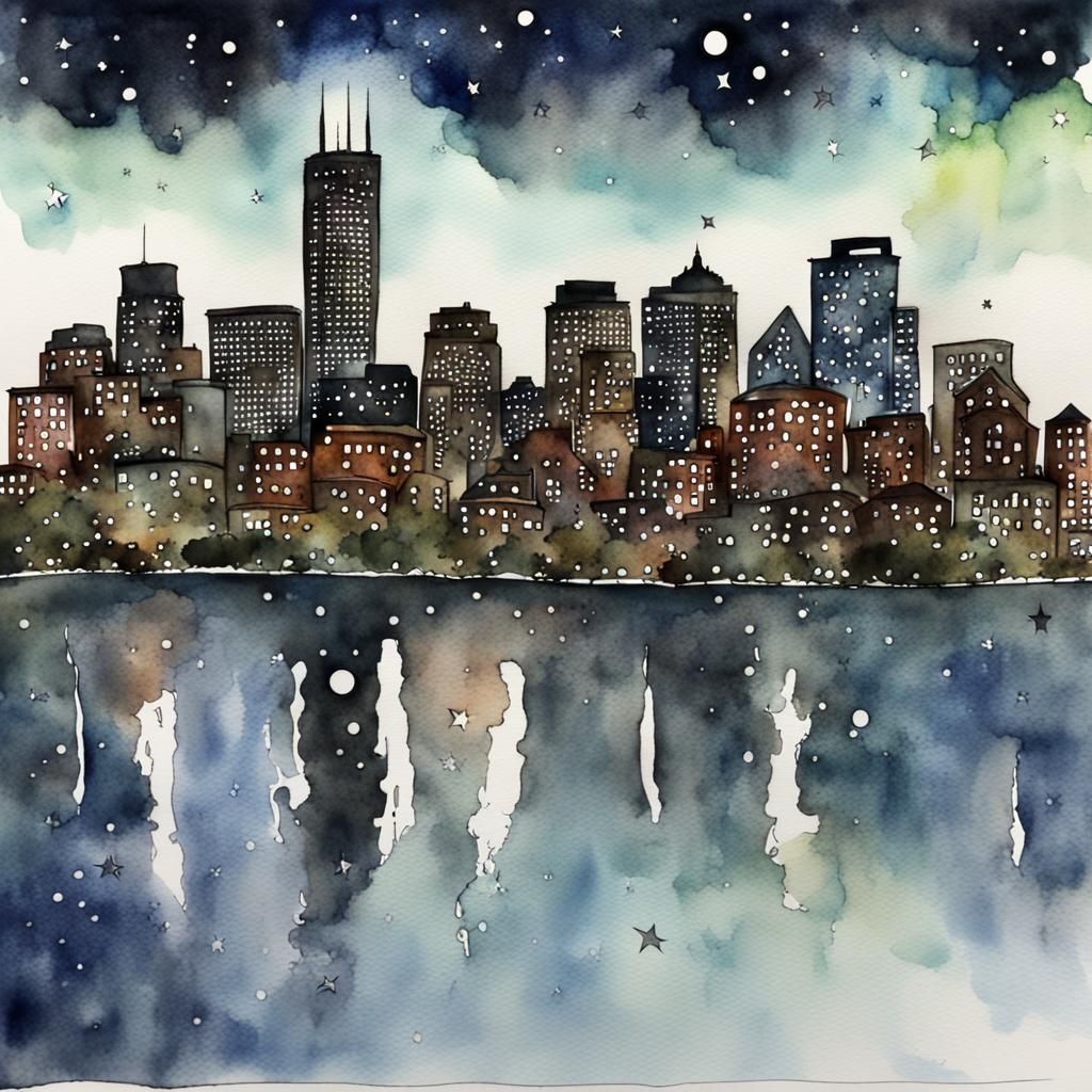 Boston Skyline Under Starry Night Sky in Watercolor